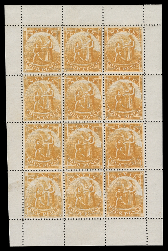NEVIS 15,A superb mint sheetlet in lovely condition, well centered with intact margins all around, light hinging in selvedge and lower corner stamps leaving ten stamps NEVER HINGED. Rarely offered intact and in such premium quality, VF VLH (SG 18) ex. Dale-Lichtenstein (September 1990; Lot 268)