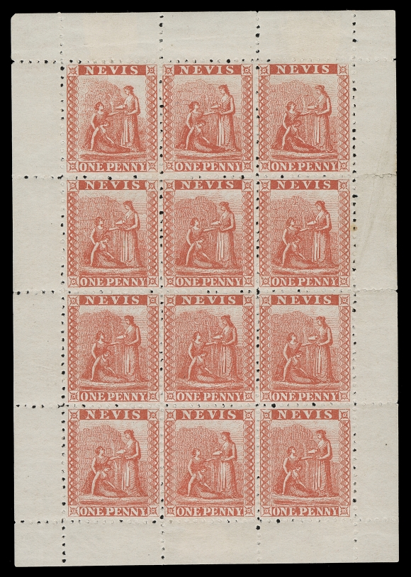 NEVIS  18,Two different lithographed sheetlets of twelve (Transfer 19 & 20) with intact margins all around, very well centered for these challenging stamps, full original gum, hinge remnants to lightly hinged, with five and eight stamps NEVER HINGED respectively. An attractive and very scarce duo of intact sheetlets, VF OG / NH (SG 22)