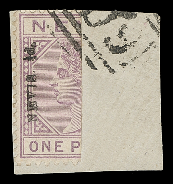 NEVIS  31-32,Left and right-hand examples of both surcharge in violet and in black, three each tied to small piece by grid "A09" cancels, attractive and F-VF (SG 35-36 £210+)
