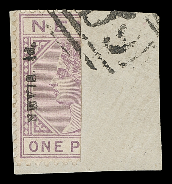 NEVIS 31-32,Left and right-hand examples of both surcharge in violet and in black, three each tied to small piece by grid "A09" cancels, attractive and F-VF (SG 35-36 £210+)