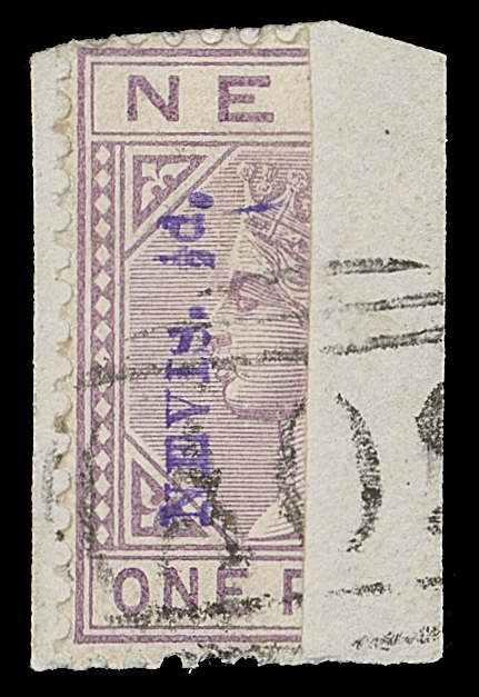 NEVIS  31-32,Left and right-hand examples of both surcharge in violet and in black, three each tied to small piece by grid "A09" cancels, attractive and F-VF (SG 35-36 £210+)