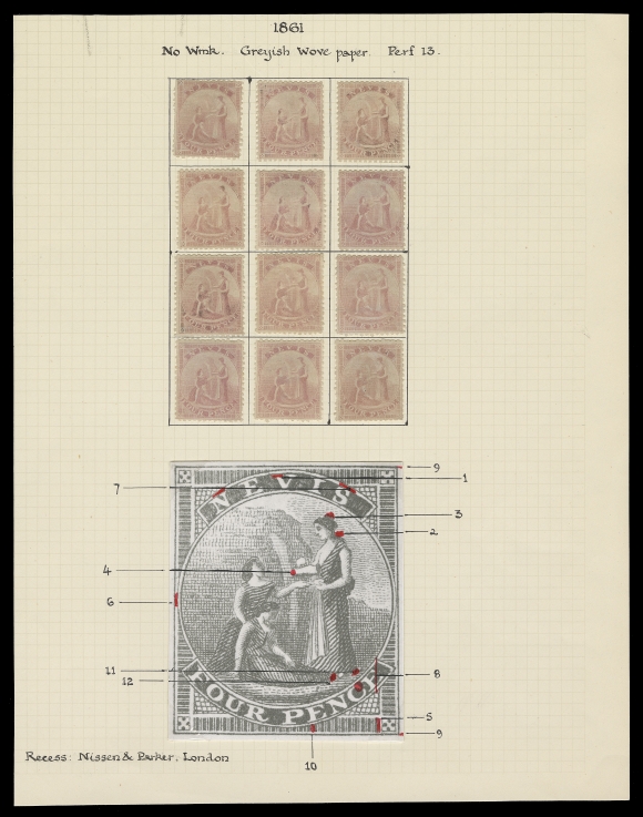 NEVIS  6,Engraved by Nissen & Parker, London, an impressive Plate Reconstruction of the 12 positions mounted on a page with diagram of identifying characteristics of each position; the odd shorter perf but each stamp essentially sound and in unusually selected quality for this difficult early printing, some possess OG, F-VF (SG 2)
