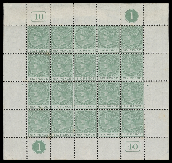 ST. CHRISTOPHER  7,A visually striking and appealing mint sheet of twenty showing DLR Current "40" and plate "1" numbers in corners, hinge remnants / adherence in selvedge only and trivial gum tone spots hardly visible from the front, all stamps are NEVER HINGED, A very scarce intact sheet, VF and a wonderful item for exhibition (SG 9)