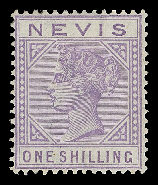 NEVIS  30var.,A selected mint single with Top Left Triangle Detached constant plate variety [Plate 2, R3/3 of right pane], fresh and nicely centered, clean hinge. A maximum of 17 examples can exist; rarely seen and one of the key stamps of the Colony, VF OG (SG 34a £1,600)