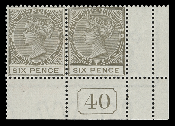 ST. CHRISTOPHER  15,An attractive, well centered, brilliant fresh mint horizontal pair with lower right corner margin, extra line of vertical perforations at right and DLR Current "40" number at foot, VF LH (SG 19)