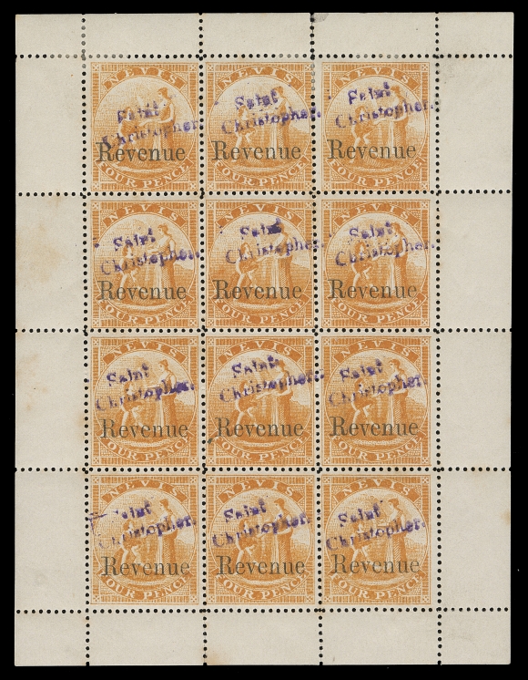 ST. CHRISTOPHER  A remarkable mint sheetlet of 12 stamps overprinted "Revenue" in London and locally handstamped in 1883 with two-line "Saint / Christopher" in violet, minor perf toning in places; seven stamps are NEVER HINGED. A rare intact sheet, F-VF (Robson Lowe R1ii)