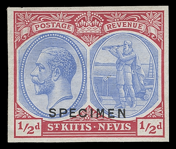 ST. KITTS-NEVIS  24,Trial colour proof in BLUE AND CARMINE on gummed unwatermarked wove paper with horizontal sans-serifed SPECIMEN (15.5mm wide) overprint in black, VF and striking (SG 24 proof; issued stamp was printed in blue green)