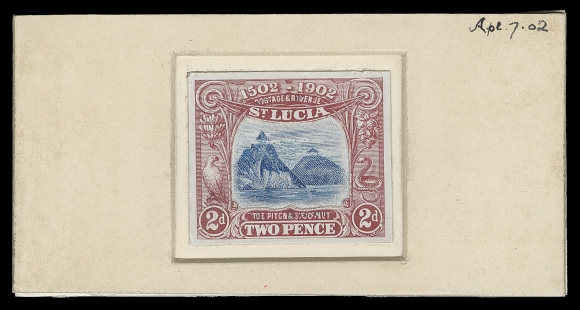ST. LUCIA  49,Original Artist Die Proof - the preliminary essay of juxtaposed central vignette in blue and surrounding frame in brown showing POSTAGE & REVENUE and THE PITONS 3700 FEET being transposed. Both vignette and frame typographed on white glazed card along with Chinese White remodeling - touched up in places by the artist; affixed within a thick beveled card 87 x 45mm with manuscript "Apl 7.02" at top, pencil annotation on reverse reading: "Clouds to be less hard + more fleecy in appearance". Exceptional and UNIQUE. (SG 63)