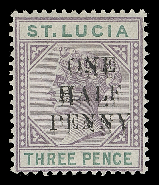 ST. LUCIA  40d,A striking mint single showing the triple surcharge variety - double surcharge on obverse and a third well-defined surcharge impression on the gum side, rare, F-VF OG; 1977 BPA cert. (SG 56a, c £1,100+)