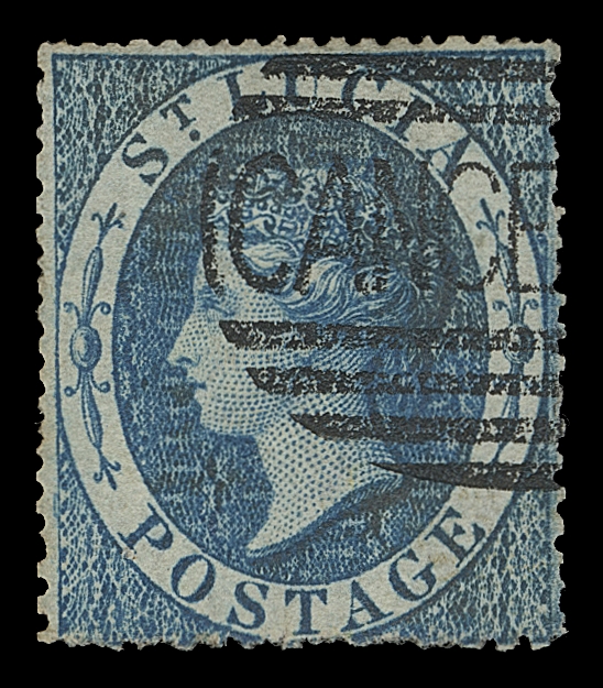 ST. LUCIA  2,An exceedingly rare stamp with the "CANCELLED" overprint applied  by Perkins Bacon. Previously unreported in the Peter Jaffé census - based on the diagram of the block of six, this example is  Pos. 5. A great rarity, Fine (SG 2 £9,000)

Expertization: 2013 RPS of London cert.

Three examples are known:
1) Pos. 1 - in the Royal Collection
2) Pos. 4 - in private hands; torn at top left and with straight  edge at right (ex. Jaffé, March 2007; Lot 63 - sold for £2,300  hammer in 2007). It is interesting to note that a St. Lucia (6p) "CANCELLED" stamp offered in the same sale (Lot 64) with straight edge on three  sides sold for £9,500 hammer.
3) Pos. 5 - offered here.

It has been well documented that Ormond & Pearson Hill, sons of  Sir Rowland -
the inventor of the postage stamp, sent a request to J.B. Bacon  in 1861 for specimens of stamps printed by the firm for friends  who were collectors. The printer provided up to 6 examples (in a  block when available) of all recent issues. However, the  situation did not sit well with Penrose Julyan, the Agent General for the Crown Colonies, who took offense for not being advised.  Since these stamps were supplied to respected gentlemen and were  cancelled to avoid any possibility of defrauding the government,  Perkins, Bacon saw no misconduct in supplying them. In October  1861 however, the printer was instructed to return to the Crown  Agents all dies, rollers and plates in their possession. By the  following year Perkins, Bacon had lost most of their Colonial  stamp printing contracts to their rivals, De La Rue & Co.