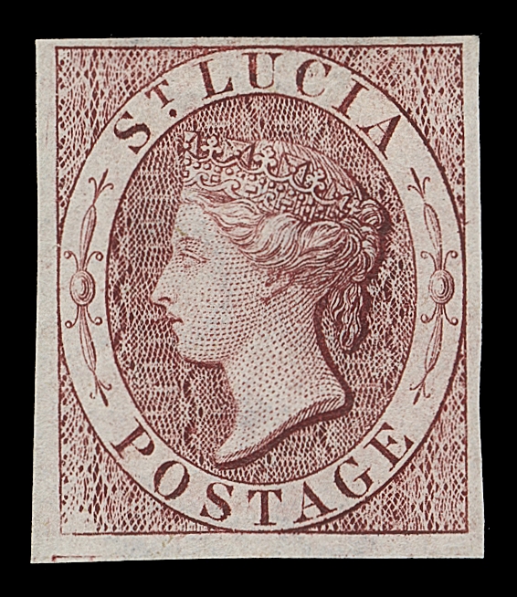 ST. LUCIA  4,Scarce "Imprimatur" imperforate proof on watermarked stamp paper, reversed watermark variety, well clear to enormous margins for the issue and large part original gum, VF (SG 5)