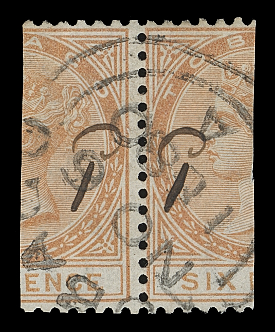 TOBAGO  7,An intact bisected pair with black manuscript surcharge, rarely seen thus especially in such choice condition, central Tobago NO 6 1880 "A" double arc datestamp. Very unusual - most existing provisionals are singles and usually cancelled with the grid "A14". One of finest used multiples of this provisional issue, ideal for an advanced collection, VF (SG 7 £1,700+)Expertization: 1991 RPS of LondonProvenance:  Dale-Lichtenstein, British West Indies (Sale 16), Sept. 1990; Lot 408                    Dr. Reuben Ramkissoon, Harmers SA Sale XI; Dec. 2006