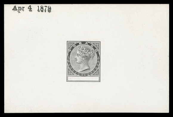 TOBAGO 1,Typographed and printed in black on thick glazed white card 92 x 61mm - the "key plate" with blank value tablet which was employed for the six different denominations, "Apr 4 1879" handstamp at left. In pristine condition, a rare and superb frontispiece for a Tobago collection, VF (SG 1)
This design, without "POSTAGE" imprint, was initially introduced for fiscal purposes. Six denominations from the 1p to the £1 were provisionally issued on August 1st, 1879 until the arrival (well over a year later) of stamps inscribed "POSTAGE".