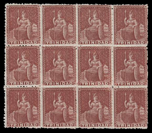 TRINIDAD  43,A beautiful mint block of twelve (4x3), minor wrinkling on three, strong bold colour on bright fresh paper with full original gum, LH to NH; a seldom seen large multiple, F-VF (SG 68)Provenance: Major T. Charlton Henry, Harmer, Rooke & Co. Inc., April 1961; Lot 1638The last printing order before De La Rue & Co. started printing the "Britannia" stamps on watermarked Crown CC paper.