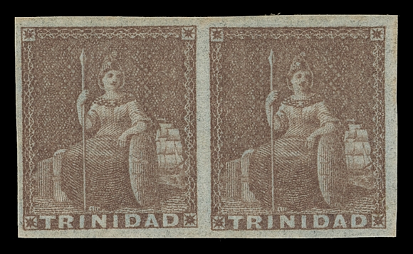 TRINIDAD  1a,A superb mint pair in pristine condition, exceptional rich colour with even deep bluing of the paper visible from the back, full shiny original gum. A great pair in all respects and the scarcest of the "Britannia" first issues, XF LH; 2014 BPA cert. (SG 7)