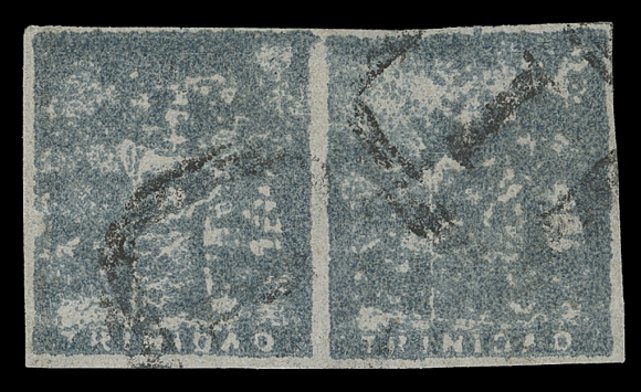 TRINIDAD  11,An appealing and rare used pair in sound condition, displaying the characteristic shade on thin soft handmade paper of the Fifth Provisional issue (from March to June 1860), well clear to ample margins all around and devoid of the usual flaws so prevalent on these fragile stamps, lightly cancelled by unobtrusive grids "1" in black, VF+ (SG 19); ex. Hodsell Hurlock (June 1958; Lot 892)