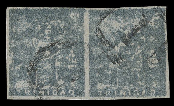 TRINIDAD 11,An appealing and rare used pair in sound condition, displaying the characteristic shade on thin soft handmade paper of the Fifth Provisional issue (from March to June 1860), well clear to ample margins all around and devoid of the usual flaws so prevalent on these fragile stamps, lightly cancelled by unobtrusive grids "1" in black, VF+ (SG 19); ex. Hodsell Hurlock (June 1958; Lot 892)
