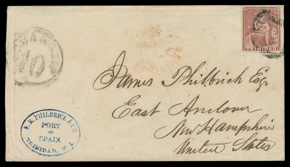 TRINIDAD  1858 (February 9) Cover bearing (1p) rose red on white paper, imperforate with large margins, tied by partially distinct grid "1" for local fee, superb Philbrick & Co. Port of Spain commercial handstamp at left, faint British "Crown" Paid at Trinidad in red, two different Trinidad FE 9 1858 dispatch and St. Thomas FE 14 1858 transit backstamps, light "Steamship 10" marking on arrival, F-VF (Scott 6; SG 12) ex. Maurice Burrus (March 1964)