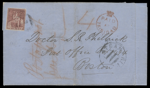 TRINIDAD  1859 (February 9) Folded lettersheet to Dr. Philbrick at Boston, bearing a (1p) rose red on white paper, imperforate, adequate to large margins tied by light grid "1" for local fee, backstamped Trinidad FE 9 1859 datestamp, red crayon "Postage Not Paid". Cover was held or returned to sender for full prepayment, instructional markings cross out, rated "4" alongside superb British "Crown" Paid at Trinidad circle handstamp in red, dispatched with Trinidad MR 10 1859 backstamp (four weeks later) with St. Thomas MR 16 1859 transit and "Steamship 10" on arrival. A visually striking and interesting cover, F-VF (Scott 6; SG 12)