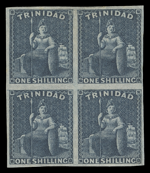 TRINIDAD  17,A fabulous mint block of four with large margins, deep rich colour and large part original gum, XF, rare so nice. (SG 29) Note: a similar mint block of four sold in the Sir John Marriott, Sept. 2001 sale for £1,610.