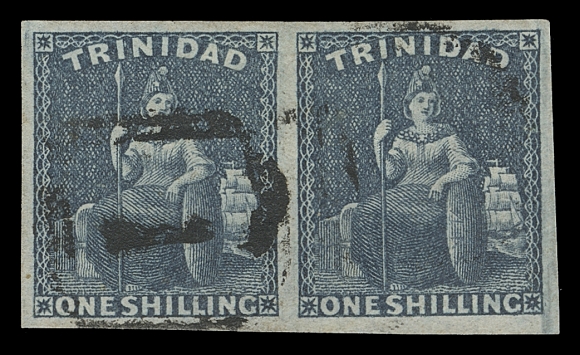 TRINIDAD  17,A superb margined used pair, cancelled grid "1" of Port of Spain, rich colour on pristine paper, a very elusive used multiple, especially desirable in XF condition; 1958 RPS of London cert. (SG 29) ex. Hodsell Hurlock (June 1958; Lot 946 - sold then for a hetty £50 hammer)