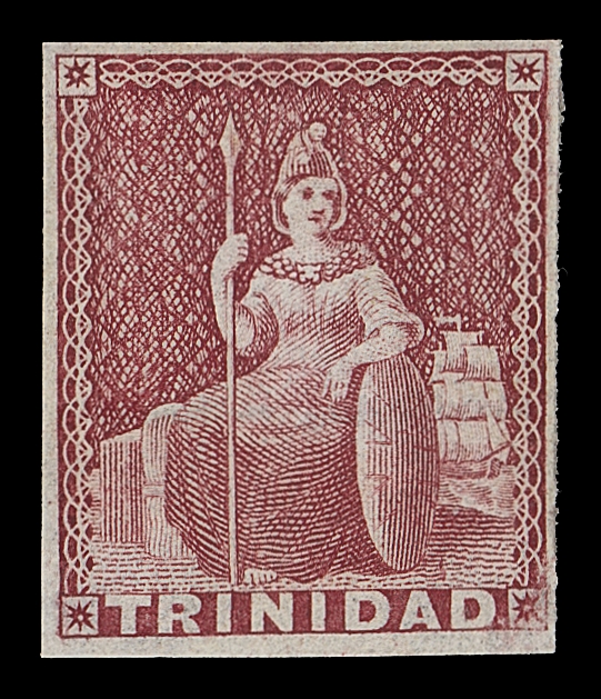 TRINIDAD  48a, 49b, 53, 54d,Imperforate plate proofs in first printing colours on watermarked stamp paper; (1p) shows edge of sheet watermark, 4p tiny thin, 1sh with reversed watermark. First three denominations with OG. A rarely seen set, VF (SG 69, 70, 72, 73bx imperf)Expertization: Four pence with 1974 BPA and One shilling with 1986 RPS of London certificatesProvenance: Major T. Charlton Henry, Harmer, Rooke & Co., Inc., April 1961; Lot 1658 & 1672 for the 4p & 1sh respectivelyIt is interesting to note that most Watermark Crown CC imperforates have some type of SPECIMEN or CANCELLED overprint.