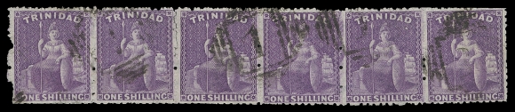TRINIDAD  54,A remarkable used grid "1" cancelled strip of six, a very rare large multiple in wonderful condition for such a high value franking, quite likely the largest used multiple of Crown CC 1sh Britannia, VF (SG 73) ex. Major T. Charlton Henry (April 1961; Lot 1669) 