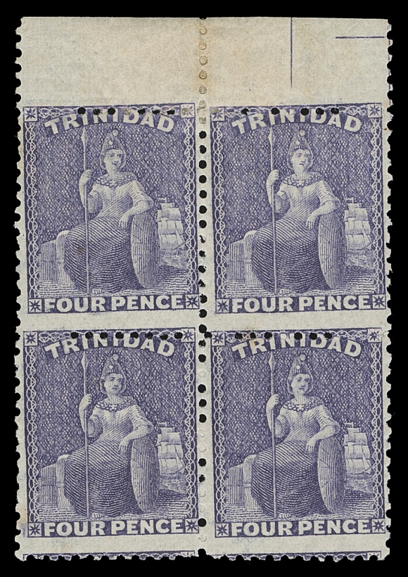 TRINIDAD  49,Top margin mint positional block of four, hinged in selvedge, top pair barely hinged, lower pair NEVER HINGED. A scarce multiple with lovely fresh colour and full white original gum, Fine (SG 70)