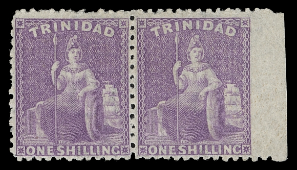 TRINIDAD  54variety,A remarkably fresh mint horizontal pair showing an unusual perforation variety - imperforate vertically between right stamp and sheet margin. Reportedly one of only ten that exist, VF LH (SG 73b variety)