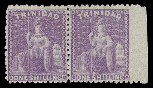 TRINIDAD 54variety,A remarkably fresh mint horizontal pair showing an unusual perforation variety - imperforate vertically between right stamp and sheet margin. Reportedly one of only ten that exist, VF LH (SG 73b variety)