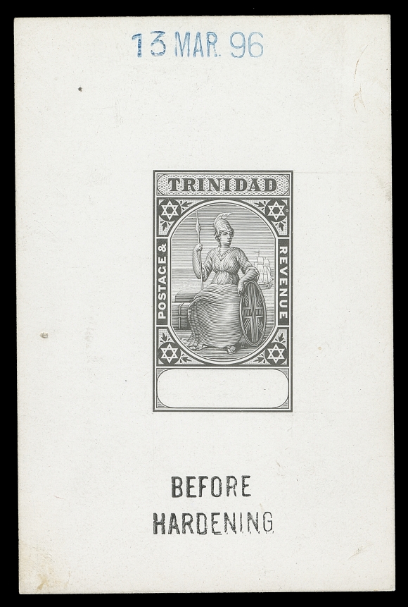 TRINIDAD  87-90,De La Rue & Co. Master Die Proof, typographed and printed in black on thick, glazed surfaced, white card 60 x 92mm, with blank value tablet for the 5sh, 10sh & £1 high values. Dated handstamp "13 MAR 96" in blue at top and two-line "BEFORE HARDENING" handstamp in black at foot, rare, VF (SG 122/124)