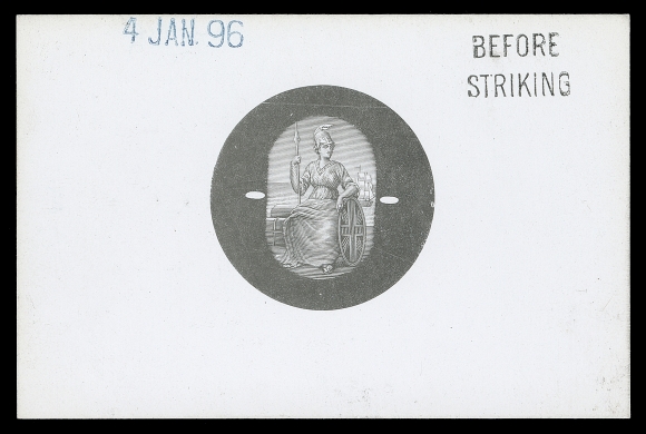 TRINIDAD  87-90,De La Rue & Co. Vignette of the large format design stamps (5sh, 10sh & £1) with uncleared circular surround in black on thick glazed white card 92 x 61mm, dated "4 JAN 96" handstamp in blue and two-line "BEFORE STRIKING" handstamp in black at top, very scarce and most appealing, VF (SG 122/124)