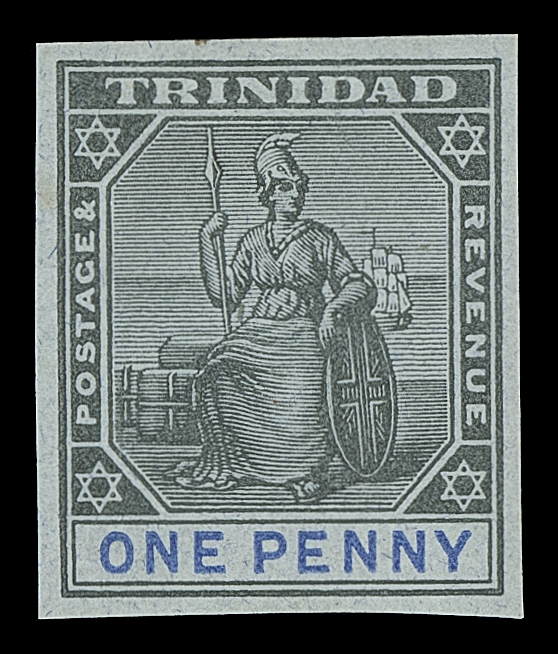 TRINIDAD  93,Seven different trial colour proofs in different colour combinations on four different coloured & gummed papers; both trials on red paper shows Crown CA watermark, the other five are unwatermarked. A very scarce and striking group, VF OG (SG 128)