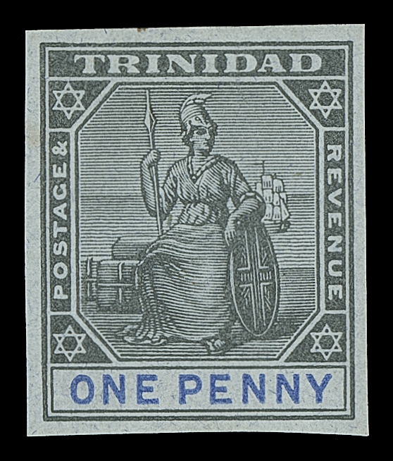 TRINIDAD 93,Seven different trial colour proofs in different colour combinations on four different coloured & gummed papers; both trials on red paper shows Crown CA watermark, the other five are unwatermarked. A very scarce and striking group, VF OG (SG 128)