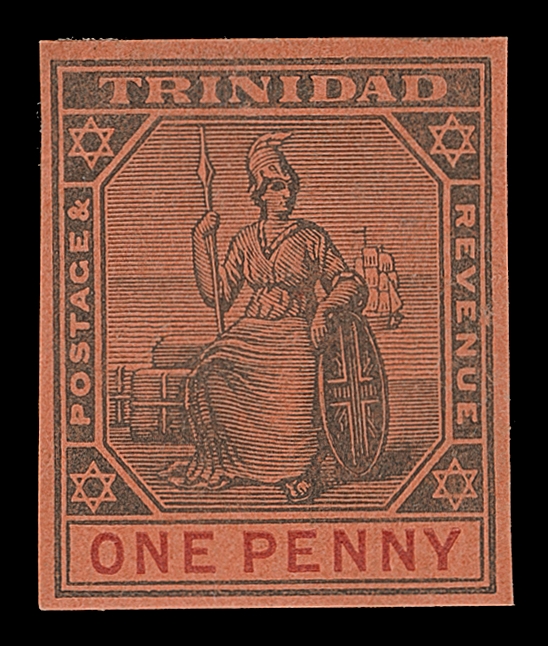 TRINIDAD  93,Seven different trial colour proofs in different colour combinations on four different coloured & gummed papers; both trials on red paper shows Crown CA watermark, the other five are unwatermarked. A very scarce and striking group, VF OG (SG 128)