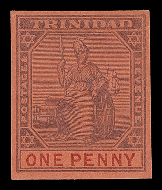 TRINIDAD  93,Seven different trial colour proofs in different colour combinations on four different coloured & gummed papers; both trials on red paper shows Crown CA watermark, the other five are unwatermarked. A very scarce and striking group, VF OG (SG 128)