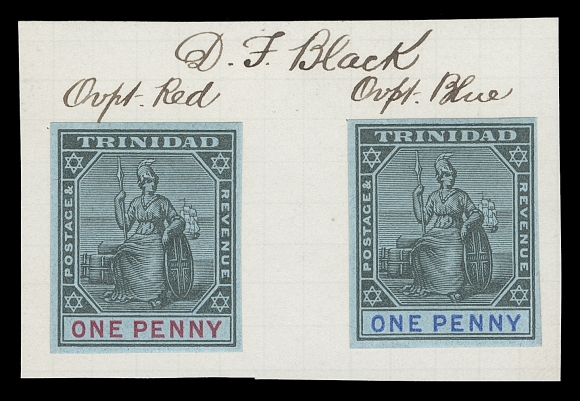 TRINIDAD  93,Two different imperforate colour trials - black with red value tablet and black with blue value tablet, both on unwatermarked bluish granite gummed paper, partly affixed to De La Rue archive ledger piece, annotated in manuscript "D.F. Black" (Design Frame) and "Ovpt Red" above left-hand proof and "Ovpt Blue" above right-hand proof. Very rare, VF (SG 128)