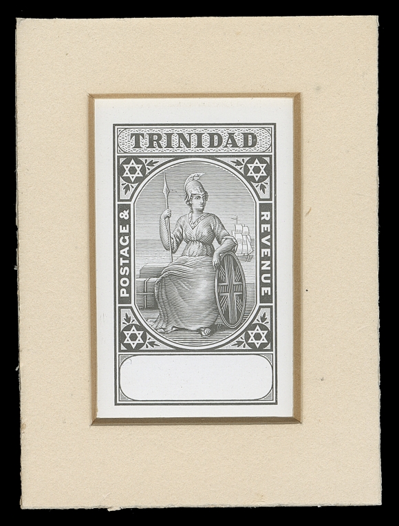TRINIDAD  87-90,De La Rue & Co. Master Die Proof, typographed, in black on thick glazed white card inlaid on thick beveled beige colour card 50 x 67mm; with blank value tablet at foot, utilized for the 5sh, 10sh & £1 high values issued between 1896 and 1907. A beautiful proof, VF (SG 122/124)