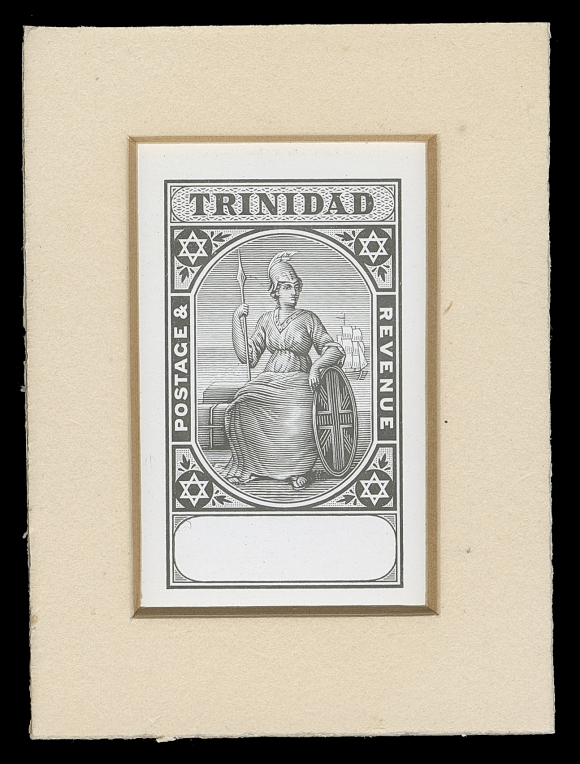 TRINIDAD 87-90,De La Rue & Co. Master Die Proof, typographed, in black on thick glazed white card inlaid on thick beveled beige colour card 50 x 67mm; with blank value tablet at foot, utilized for the 5sh, 10sh & £1 high values issued between 1896 and 1907. A beautiful proof, VF (SG 122/124)