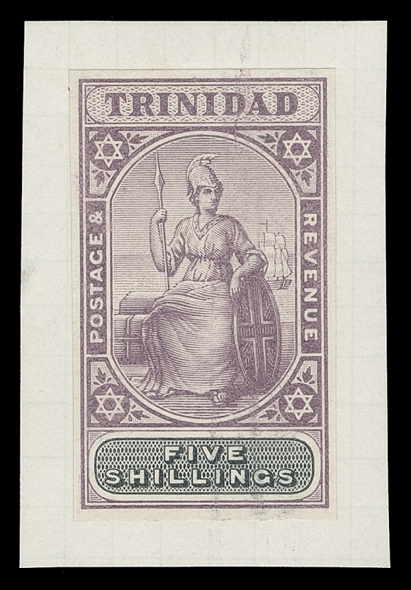 TRINIDAD  101,Trial colour proof in lilac and black on unwatermarked wove paper, imperforate, affixed to piece of archival ledger; this black coloured value tablet was never issued, scarce, VF (SG 132)