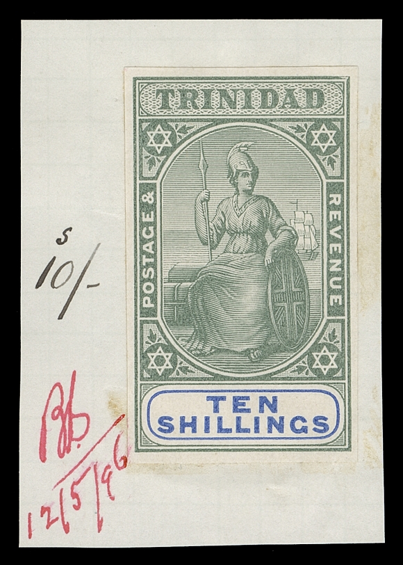 TRINIDAD  89,Plate proof single issued colours - green and ultramarine on unwatermarked paper, imperforate, on De La Rue archival ledger piece, with black manuscript "S10/-" and is initialed and dated "12/5/96" in red ink, most attractive, VF (SG 124)
