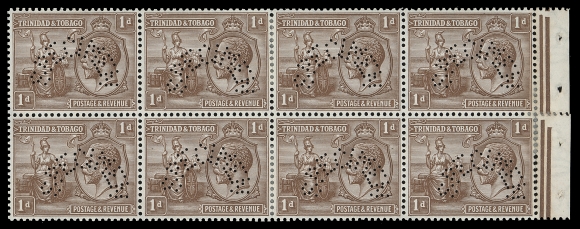 TRINIDAD AND TOBAGO  21-23,Exploded booklet annotated by De La Rue & Co. "March 1932 REQN 5808" on front cover, all three King George V & Britannia Multiple Script CA booklet panes of eight are present (½p green, 1p brown and 1½p rose red). Each stamp perforated SPECIMEN, some split perfs strengthened by hinges. A unique specimen booklet ex. De La Rue archives and Dr. Conrad Latto collection, F-VF (SG SB3)