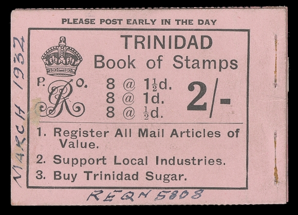 TRINIDAD AND TOBAGO  21-23,Exploded booklet annotated by De La Rue & Co. "March 1932 REQN 5808" on front cover, all three King George V & Britannia Multiple Script CA booklet panes of eight are present (½p green, 1p brown and 1½p rose red). Each stamp perforated SPECIMEN, some split perfs strengthened by hinges. A unique specimen booklet ex. De La Rue archives and Dr. Conrad Latto collection, F-VF (SG SB3)