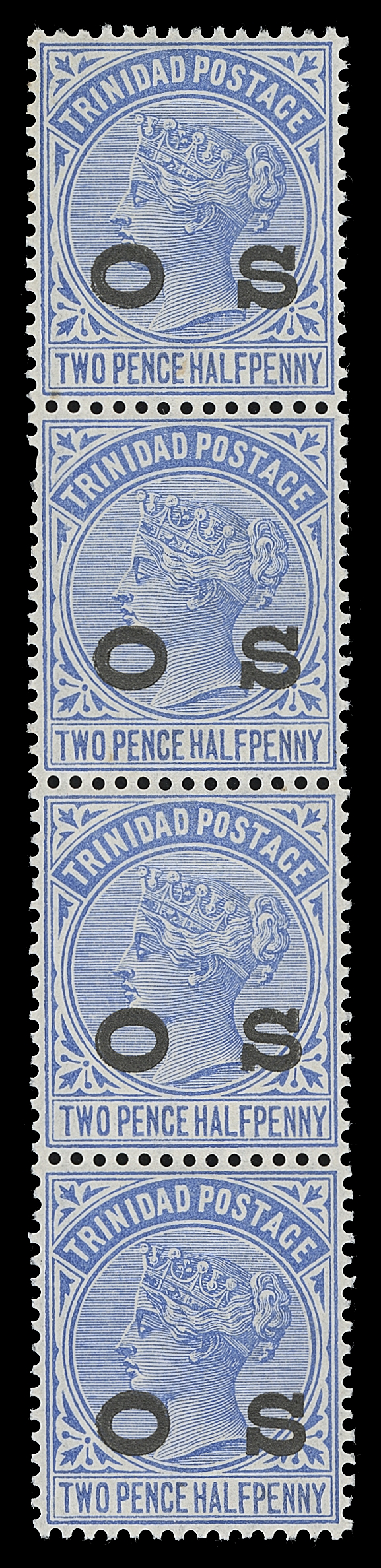 TRINIDAD  O1-O7,Large Official Service "O S" overprint in black, the set of seven in mint vertical strips of four, each with one or two stamps NH; one 6p with fault at foot and 5sh with minor toning on some perfs. A spectacular set believed to be the LARGEST MULTIPLES EXTANT, F-VF (SG O1-O7)