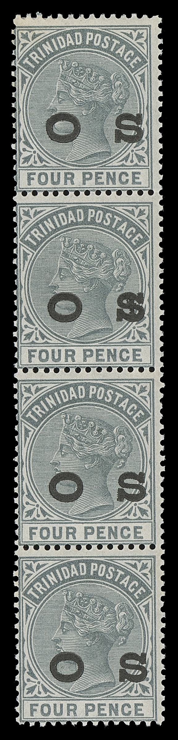 TRINIDAD O1-O7,Large Official Service "O S" overprint in black, the set of seven in mint vertical strips of four, each with one or two stamps NH; one 6p with fault at foot and 5sh with minor toning on some perfs. A spectacular set believed to be the LARGEST MULTIPLES EXTANT, F-VF (SG O1-O7)