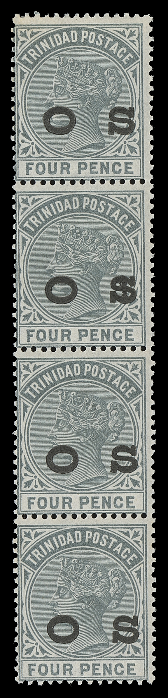 TRINIDAD  O1-O7,Large Official Service "O S" overprint in black, the set of seven in mint vertical strips of four, each with one or two stamps NH; one 6p with fault at foot and 5sh with minor toning on some perfs. A spectacular set believed to be the LARGEST MULTIPLES EXTANT, F-VF (SG O1-O7)