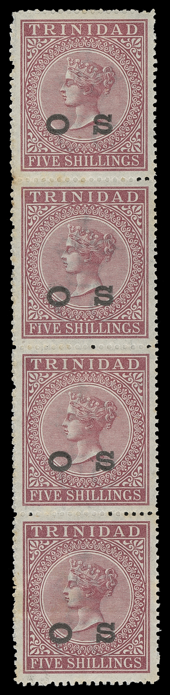 TRINIDAD O1-O7,Large Official Service "O S" overprint in black, the set of seven in mint vertical strips of four, each with one or two stamps NH; one 6p with fault at foot and 5sh with minor toning on some perfs. A spectacular set believed to be the LARGEST MULTIPLES EXTANT, F-VF (SG O1-O7)