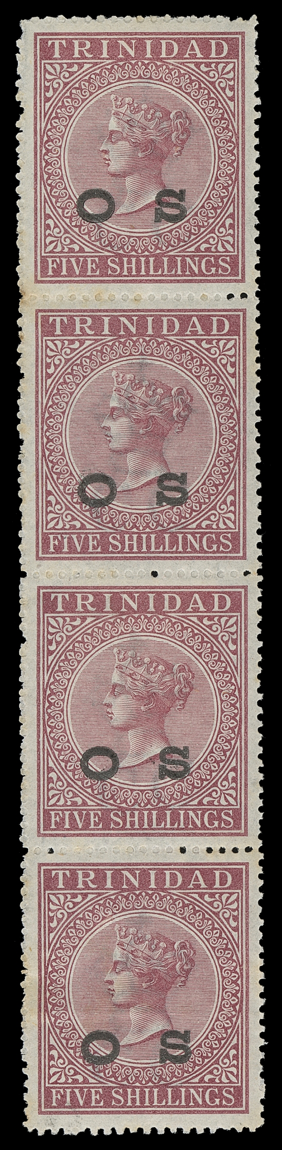 TRINIDAD  O1-O7,Large Official Service "O S" overprint in black, the set of seven in mint vertical strips of four, each with one or two stamps NH; one 6p with fault at foot and 5sh with minor toning on some perfs. A spectacular set believed to be the LARGEST MULTIPLES EXTANT, F-VF (SG O1-O7)