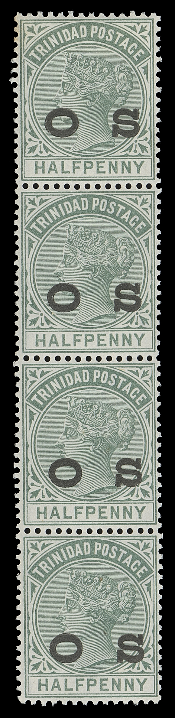 TRINIDAD  O1-O7,Large Official Service "O S" overprint in black, the set of seven in mint vertical strips of four, each with one or two stamps NH; one 6p with fault at foot and 5sh with minor toning on some perfs. A spectacular set believed to be the LARGEST MULTIPLES EXTANT, F-VF (SG O1-O7)