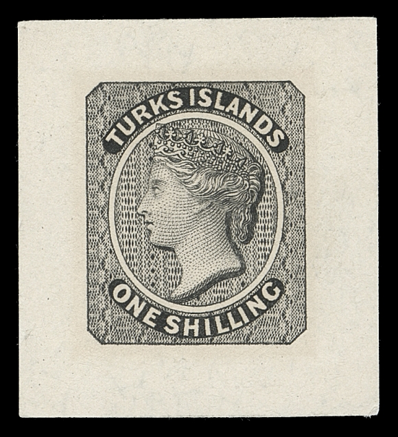 TURKS ISLANDS 3,Perkins Bacon engraved large die proof in black on card mounted india paper 32 x 35mm, in remarkably choice condition, XF; one of only six known examples, one of which is in the Royal Collection. (SG 3)